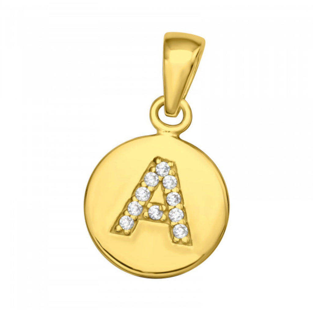 Round Disc White CZ Gold Plated Initial Pendant