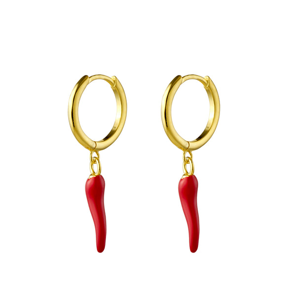Plain Huggie Earrings with Red Cornicello Chilli Charm