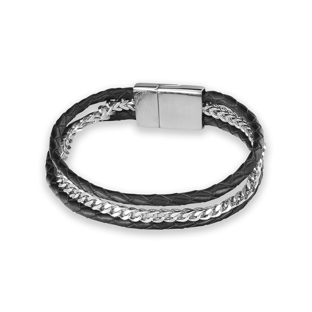 Blaze S/Steel Leather Bangle with Steel Chain