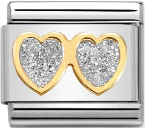 Love - Double Silver Glitter Heart Gold Charm
