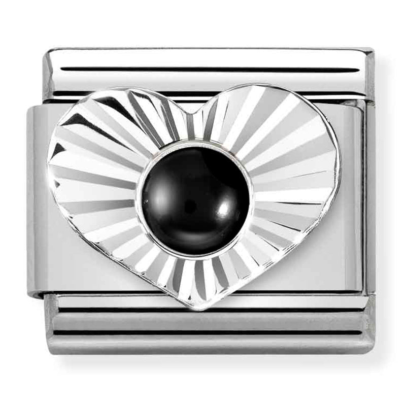 Gemstones - Black Agate in Heart Silver Charm