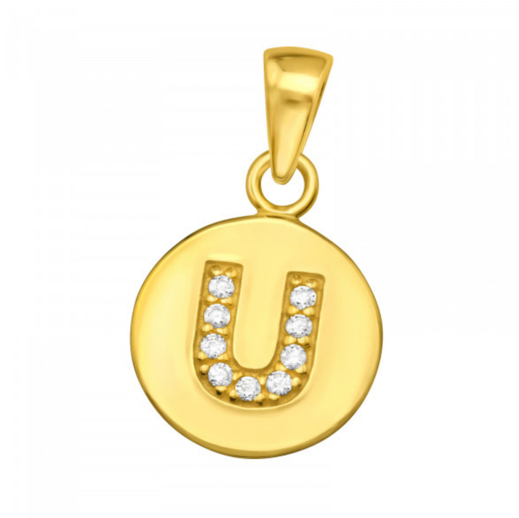 Round Disc White CZ Gold Plated Initial Pendant