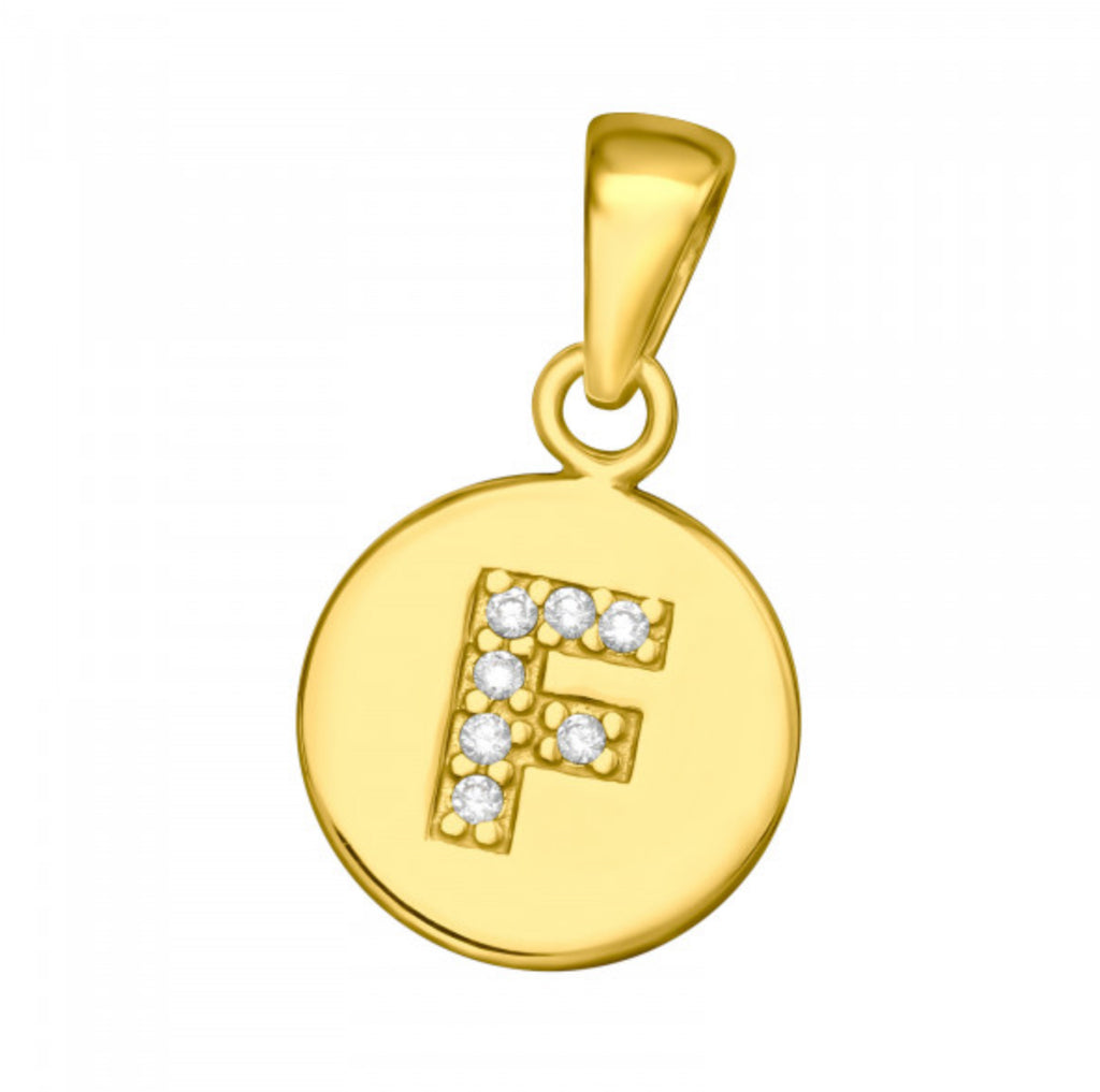 Round Disc White CZ Gold Plated Initial Pendant