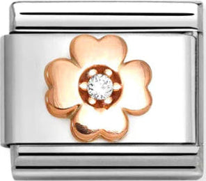 Good Luck - Four Leaf Clover with White CZ Rosegold Charm