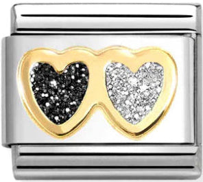 Love - Glitter Double Black & Silver Heart Gold Charm