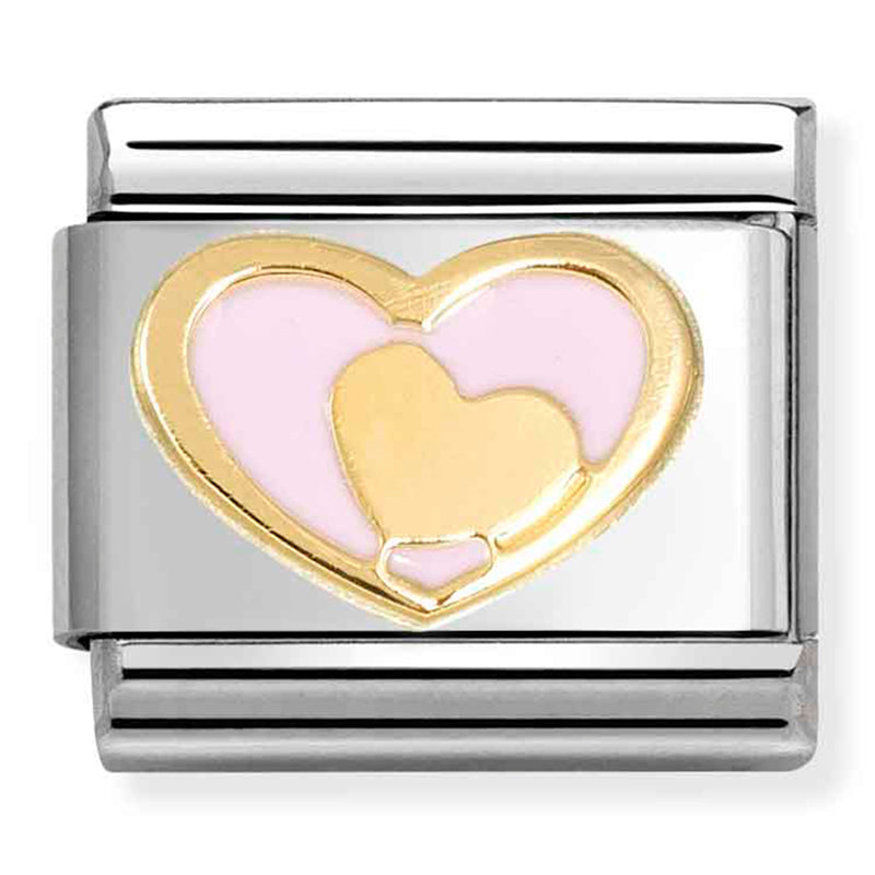Love - Coloured Light Pink Heart in Heart Gold Charm