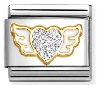Glitter Silver & White Winged Heart Gold Charm