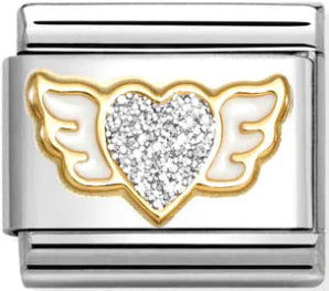 Symbols - Silver & White Glitter Winged Heart Gold Charm