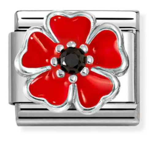 Nature - Red Poppy with Black CZ Silver Charm