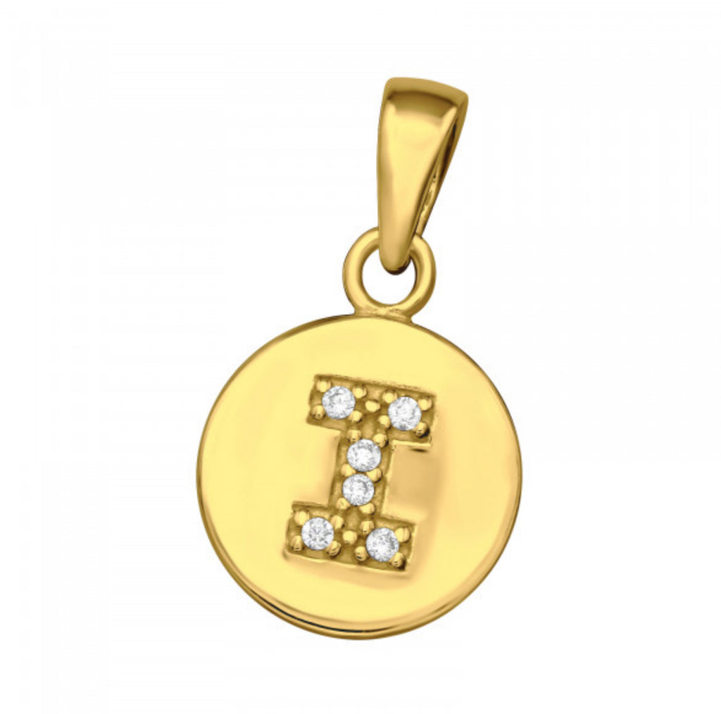 Round Disc White CZ Gold Plated Initial Pendant