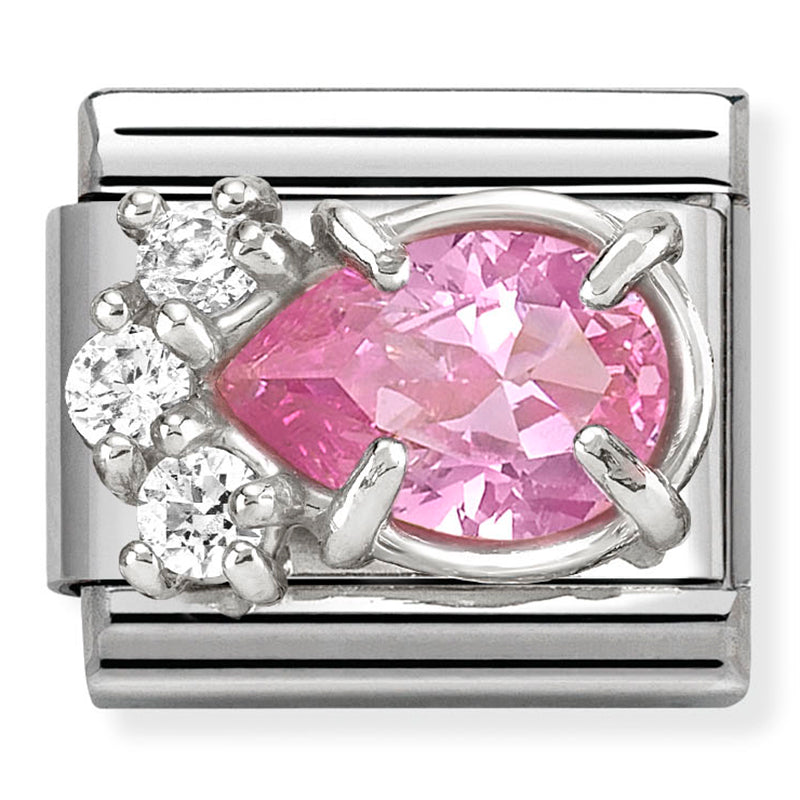 Gemstones - Raised White & Pink CZ Teardrop Silver Charm