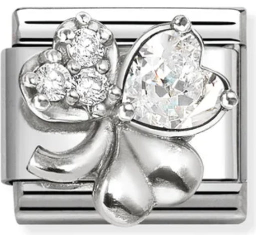 Good Luck - Clover with White CZ Silver Charm