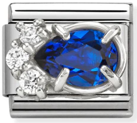 Gemstones - Raised White & Blue CZ Teardrop Silver Charm