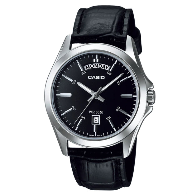 Casio Analogue Black Face Day + Date, Black Leather Band Watch