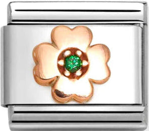 Good Luck - Four Leaf Clover with Green CZ Rosegold Charm