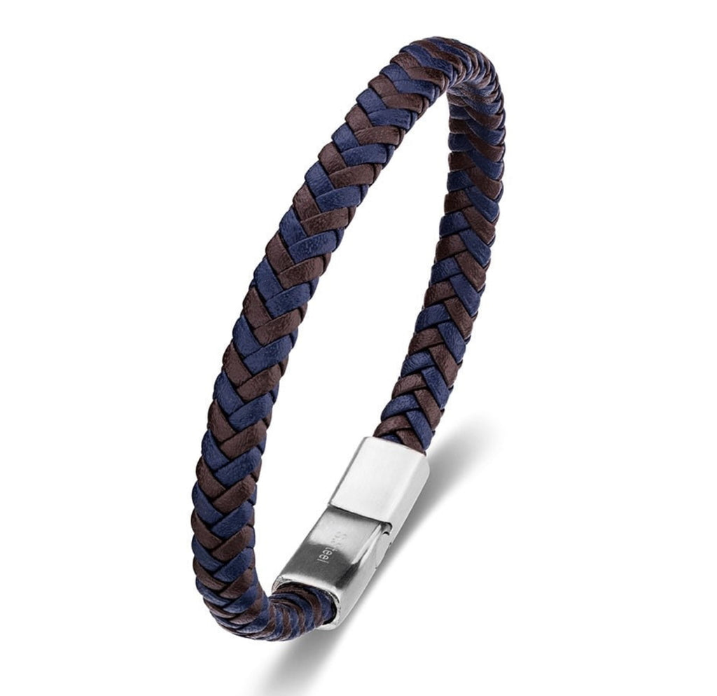 Bracelet - Blaze Stainless Steel Men's Brown & Blue Leather Braid Bangle