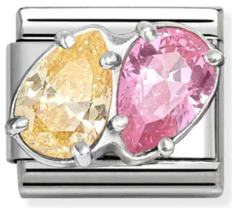 Gemstones - Raised Yellow & Pink Twin CZ Teardrop Silver Charm