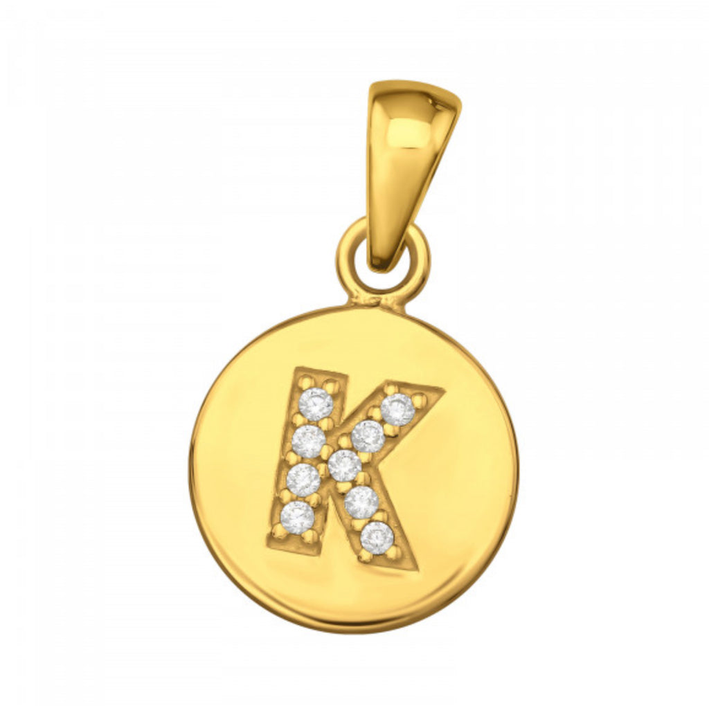 Round Disc White CZ Gold Plated Initial Pendant