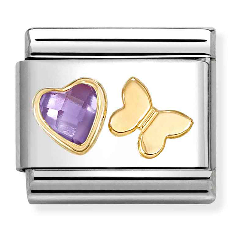 Love - Purple CZ Heart & Butterfly Gold Charm