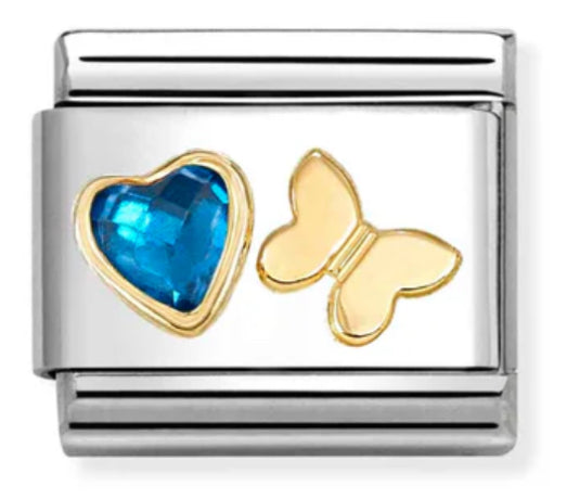 Love - Blue CZ Heart & Butterfly Gold Charm
