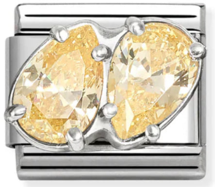 Gemstones - Raised Yellow Twin CZ Teardrop Silver Charm