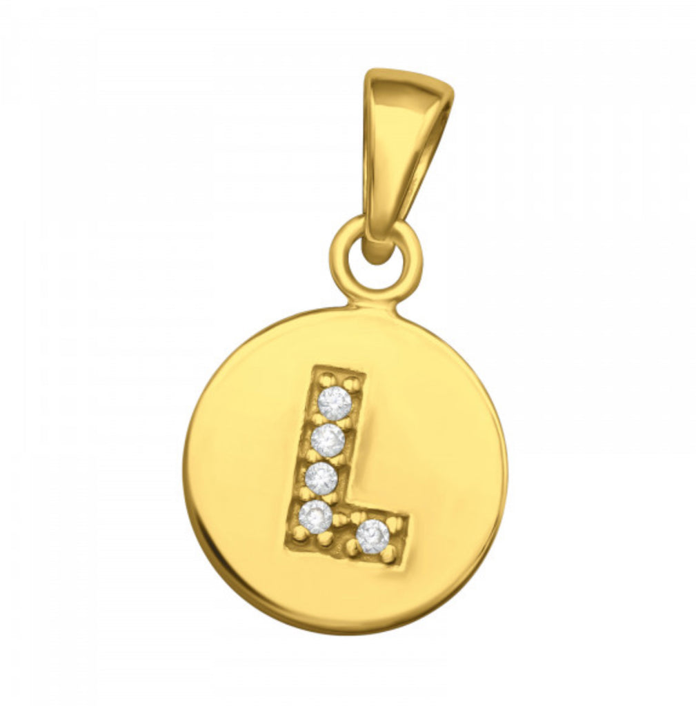Round Disc White CZ Gold Plated Initial Pendant
