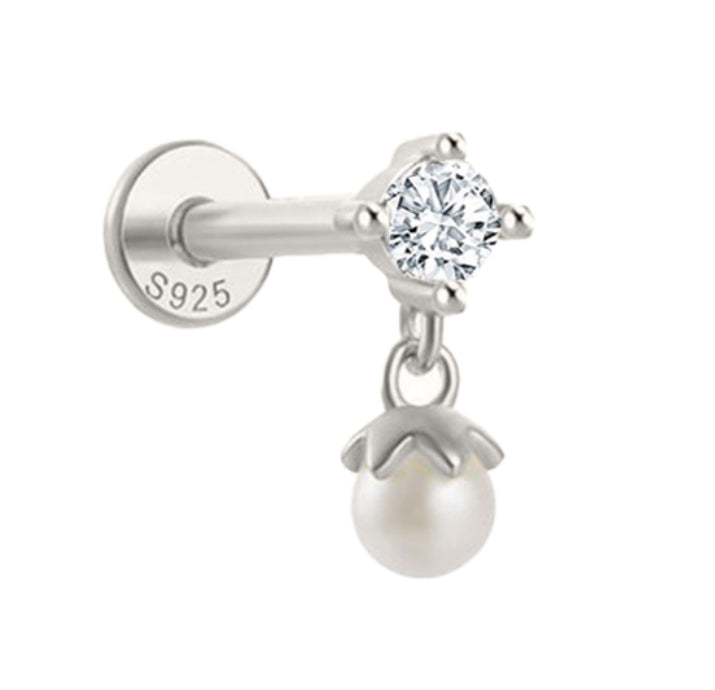 Flat Back Single Earring -  CZ & Pearl Drop