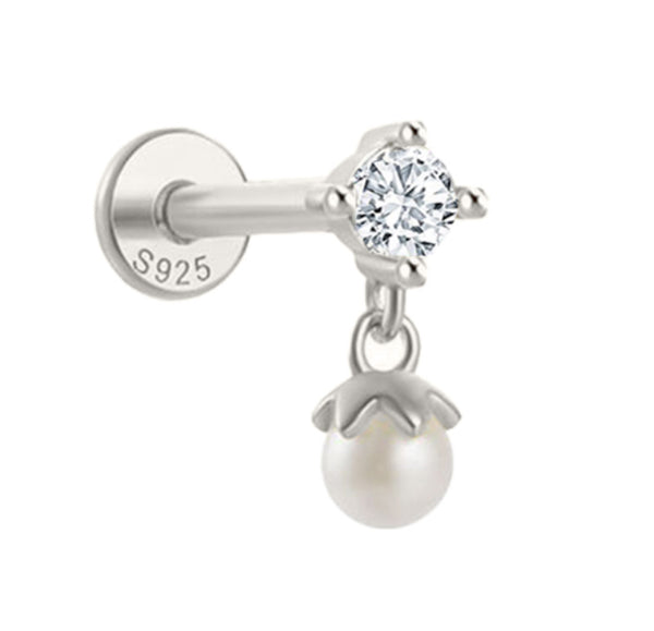 Flat Back Single Earring -  CZ & Pearl Drop - 2 colours