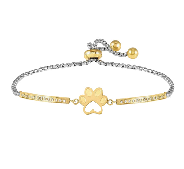 Milleluci: Refined Yellowgold Paw Print with CZ Stainless Steel Bracelet