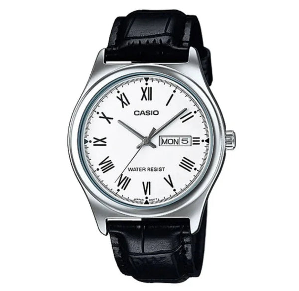 Casio Analogue White Face Day + Date, Black Leather Band Watch