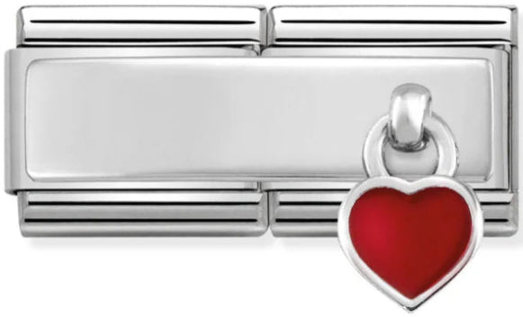Engravable - Dangle Red Heart Double Link Silver Charm