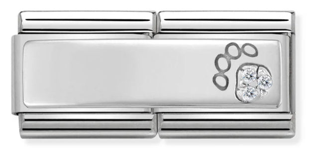 Double Link - Paw Print with CZ Heart Engravable Silver Charm
