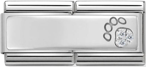 Engravable - Paw Print with CZ Double Link Silver Charm