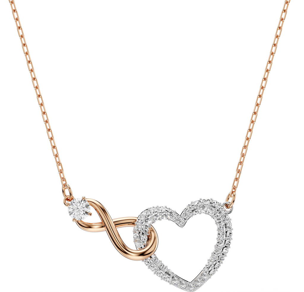 Hyperbola: White Mixed Cut Infinity & Heart Rosegold Necklace