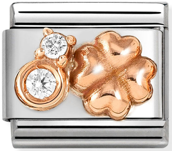 Good Luck - Rounded Four Leaf Clover with CZ Rosegold Charm
