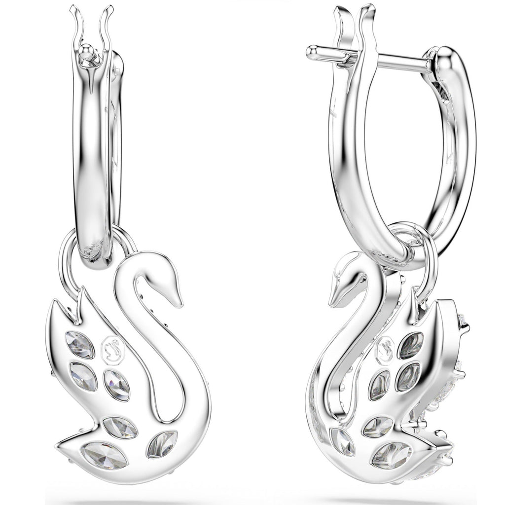 Swan: White Mixed Cut Crystals Swan Silver Hoop Drop Earrings