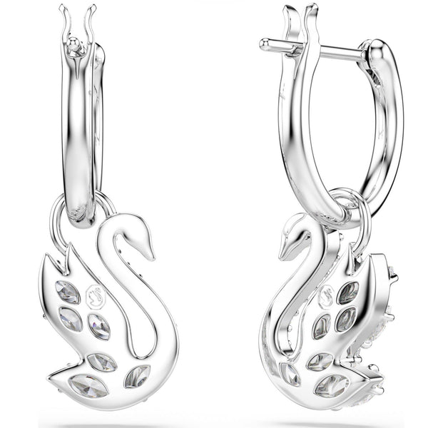 Swan: White Mixed Cut Crystals Swan Silver Hoop Drop Earrings