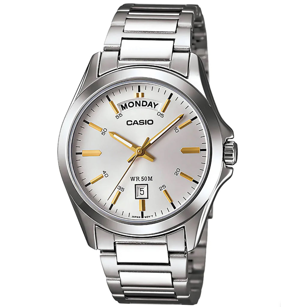 Casio Analogue White Face, Gold Day + Date, Stainless Steel Band Watch