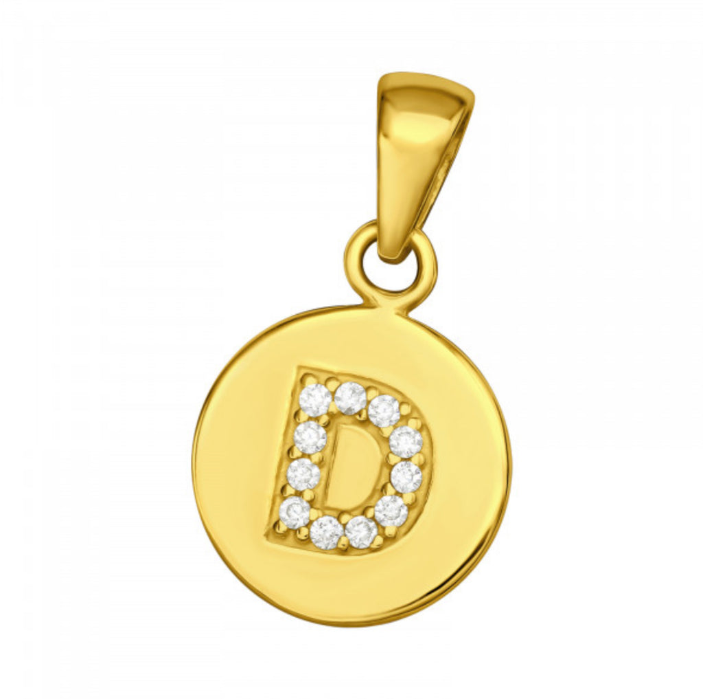 Round Disc White CZ Gold Plated Initial Pendant