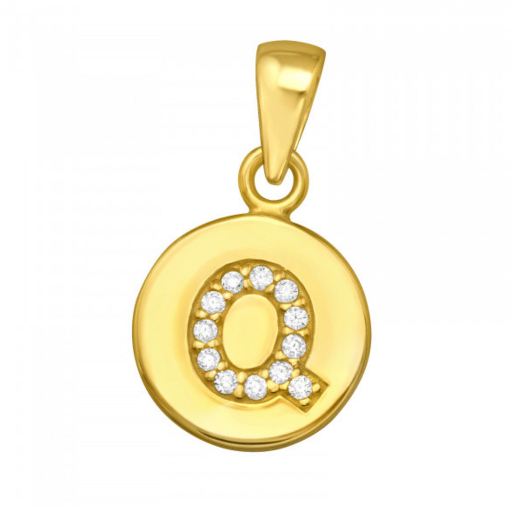 Round Disc White CZ Gold Plated Initial Pendant