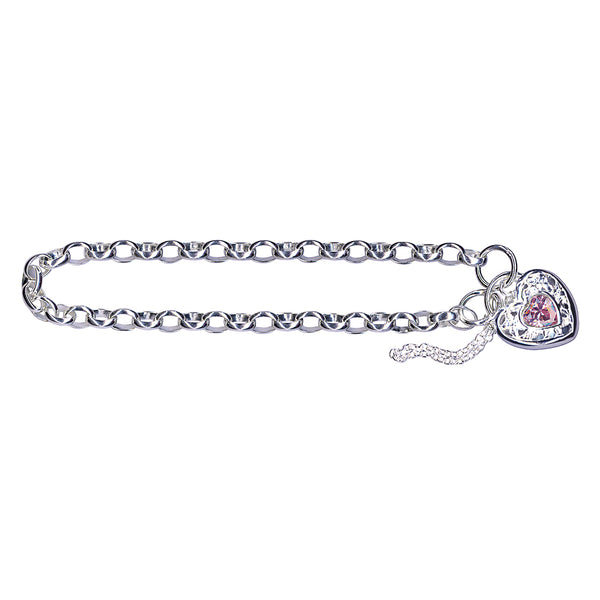 S/S Oval Belcher Pink CZ Stone Set Filigree Padlock Bracelet
