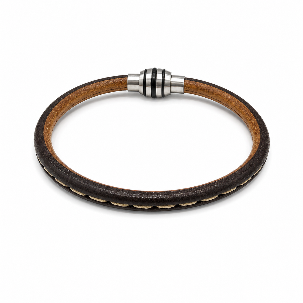 Brown Leather Bracelet with a woven beige/tan centre detail