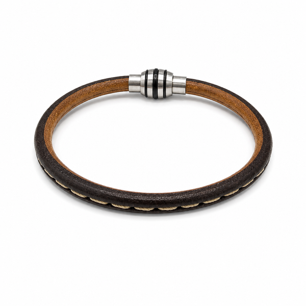 Brown Leather Bracelet with a woven beige/tan centre detail