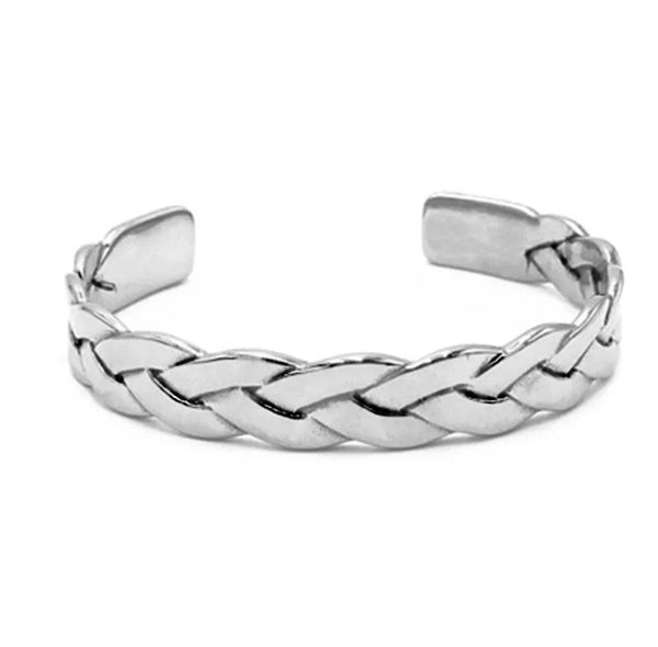 Blaze Stainless Steel Shiny Silver & Black Plait Style Cuff Bangle
