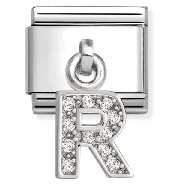 Silver - Letter R with CZ Dangle Charm