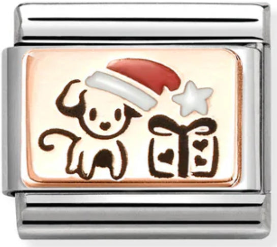Christmas - Puppy with Santa Hat & Gift Rosegold Charm