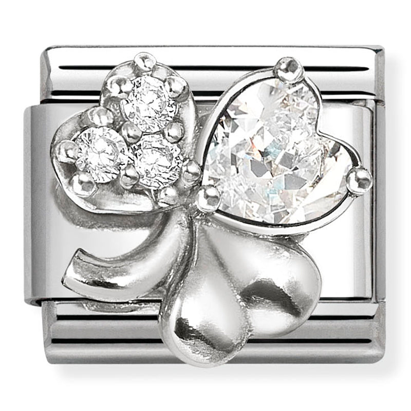 Good Luck - Clover with White CZ Silver Charm