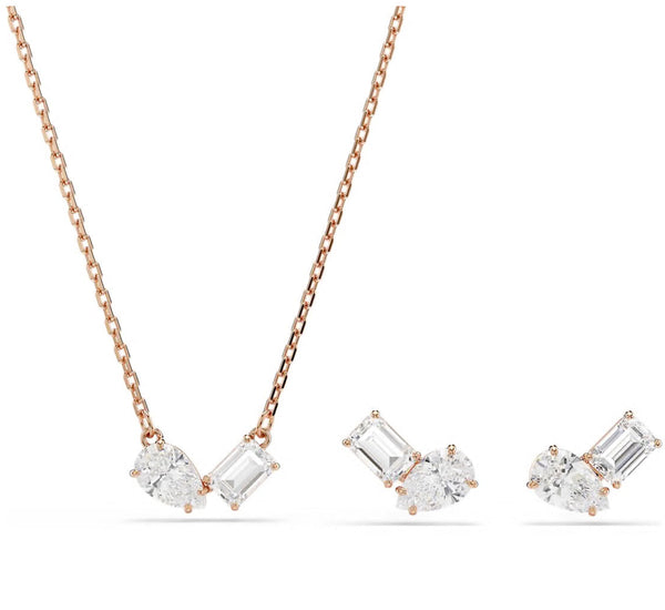 Mesmera: White Pear & Octagon Cut Rosegold Necklace & Earring Set