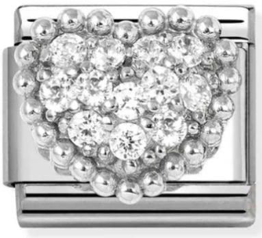 Love - Raised White CZ Heart with Beaded Dots Silver Charm