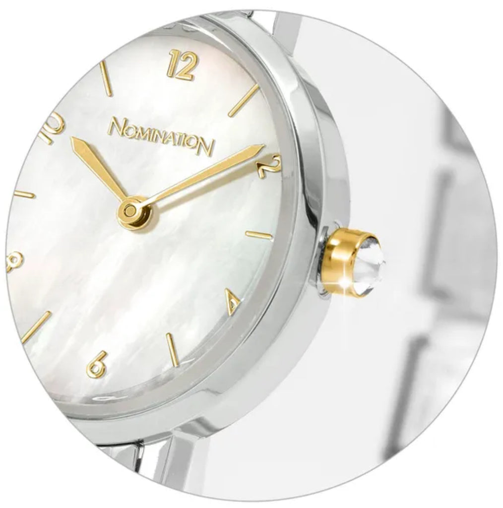 Paris: White Mother of Pearl with CZ and Gold Details Oval Silver Watch